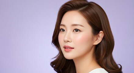 Fototapeta premium Ethereal Asian Beauty A Serene Portrait with Flawless Skin and Wavy Hair on a Lavender Backdrop.