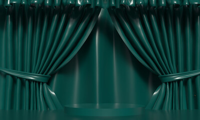 curtain waving podium stage round exhibition blue green color presentation background wallpaper mockup empty blank textile clothes curve satin curtain green blue gradient surface theatre display show
