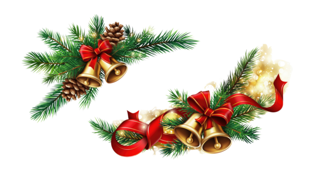 Festive Christmas bells with red ribbon and holly decorate the green pine tree for the winter holiday season celebration