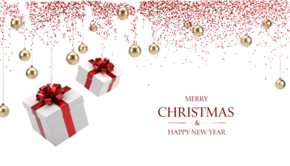 Merry Christmas holiday background with gift boxes, red ribbons, gold bows, and winter snowflake decorations