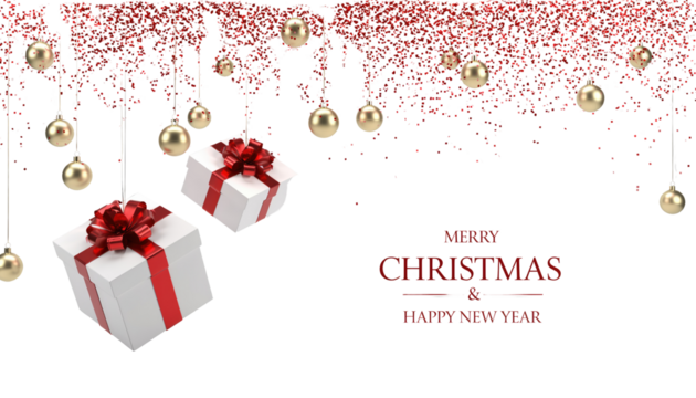 Merry Christmas holiday background with gift boxes, red ribbons, gold bows, and winter snowflake decorations