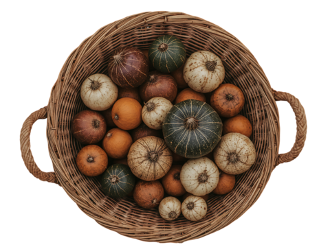 Round open weave rattan basket filled with green leafy plants and foliage PNG isolated on transparent background