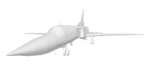 Polygonal military fighter jet 3D model isolated on white background. This royalty-free asset features geometric design with sharp edges and clean vector lines.