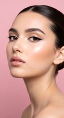 Radiant Beauty Portrait Flawless Skin Elegant Eyeliner Glossy Lips on Pink Backdrop.