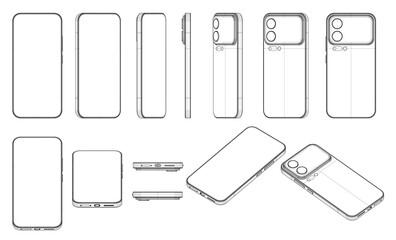 Blueprint wireframe of an phone, displaying the internal components, layout, and technical schematics in a detailed set.