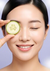 Serene Asian Womans Joyful Smile and Flawless Skin with a Fresh Cucumber Slice.