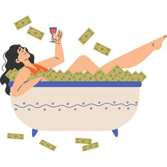 Woman Relaxing in Bathtub Filled With Money Holding Wine Glass Surrounded by Falling Banknotes