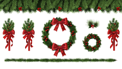 A festive Christmas wreath decoration with red ribbon, holly berries, and pine for holiday celebration cutout
