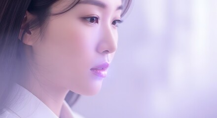 Serene Profile Asian Woman with Glossy Lips and Soft Lighting.