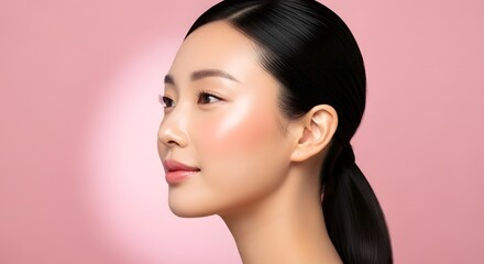 Serene Profile of an Asian Woman with Luminous Flawless Skin and a Sleek Ponytail.