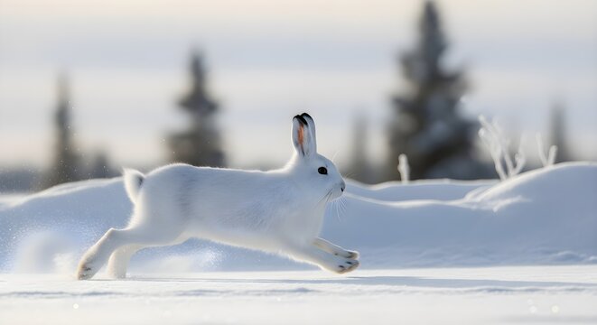 An agile white arctic hare bounds across a sunlit snowy field, long ears streaming back and powerful legs kicking up powder, embodying speed, adaptation, and the lively heartbeat of winter wilderness
