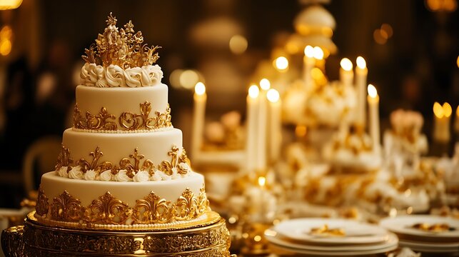 A luxurious ivory and gold birthday cake at a candlelit royal banquet