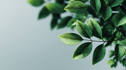 A close up view of green leaves with visible veins against a soft gray background space