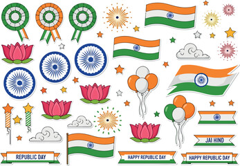 Indian Republic Day Vector Elements Flags, Lotus Flowers, and Ribbons