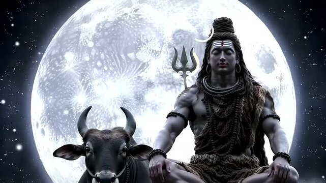 Lord Shiva meditating against moonlit night.
