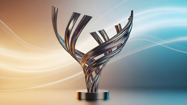Abstract metal sculpture with flowing lines and a gradient background