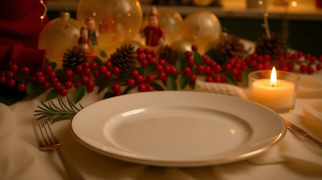 Cozy Christmas Dinner Table Setting with Candlelight and Festive Decorations