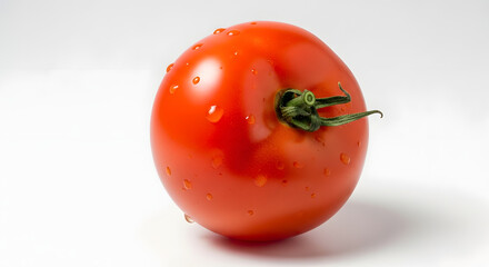 Fresh Red Tomato with Green Stem on White Background 1.