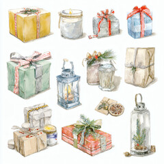Watercolor Illustration of various red Christmas gift box on white background, AI generated