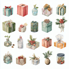 Watercolor Illustration of various red Christmas gift box on white background, AI generated