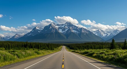 Naklejka premium Open road leading towards majestic, snow-capped mountains under a clear, blue sky