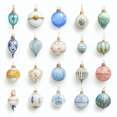 Watercolor Illustration of various red Christmas ornament balls on white background, AI generated