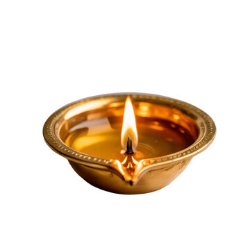 Lit Brass Diya or Oil Lamp for Worship