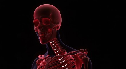 A medical illustration showcasing a translucent, red-toned human skeletal system