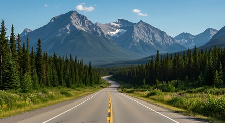 Fototapeta premium Open road through a forest with towering mountains in the background under a blue sky