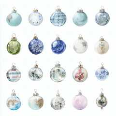 Watercolor Illustration of various red Christmas ornament balls on white background, AI generated