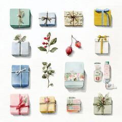 Watercolor Illustration of various red Christmas gift box on white background, AI generated