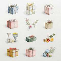 Watercolor Illustration of various red Christmas gift box on white background, AI generated