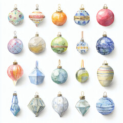 Watercolor Illustration of various red Christmas ornament balls on white background, AI generated