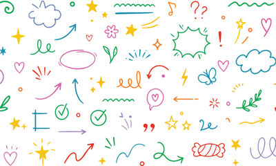 Set of cute pen line doodle element vector. Hand drawn doodle style collection of arrow, speech bubble, firework, thunder, scribble, colorful. Design  vector art and illustration 