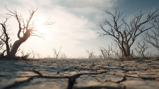 Barren landscape with cracked earth and leafless trees under a cloudy sky