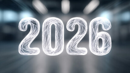 White neon 2026 New Year sign glowing on dark blue gradient background celebration