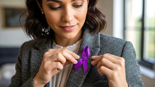 Woman Pinning Purple Awareness Ribbon to Blazer for World Cancer Day