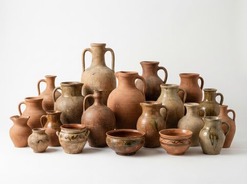 A diverse collection of rustic handmade clay pottery, including various pots, jars, and bowls, displayed against a plain background.