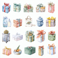 Watercolor Illustration of various red Christmas gift box on white background, AI generated