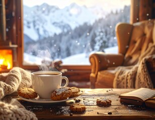 Cozy Log Cabin Interior on a Winter Day - Mountain Lodge Morning Scene
冬の日のロッジの丸太小屋のインテリア - 居心地の良い山小屋の朝