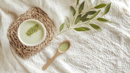 A matcha coconut milkshake on white linen blanket with light wooden accents