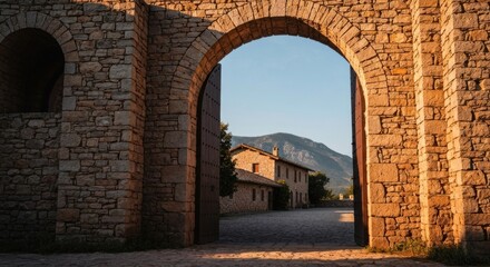Obraz premium A stone archway frames a view of a house and mountains under a blue sky