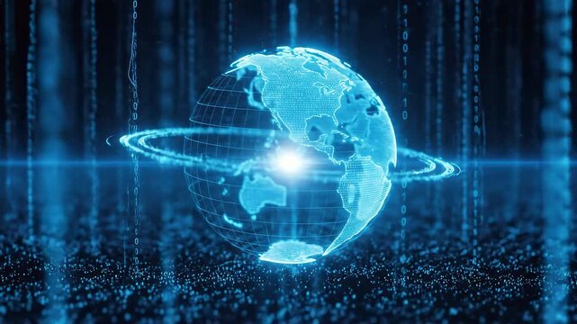 Futuristic glowing Earth globe surrounded by flowing data streams global network connections and digital binary code - Powered by Adobe