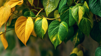 Close up of golden pothos leaves showing vibrant yellow and green coloration patterns