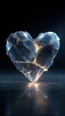 Fototapeta premium Broken glass heart with golden light illustration on dark background