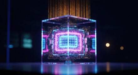 A transparent cube with neon circuits, central processing unit and gold beams