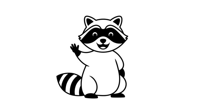 Cartoon raccoon waving with striped tail on a white background creating a friendly gesture