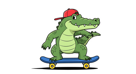 Fototapeta premium Cartoon crocodile skateboarding isolated on white background expressing happiness and enjoyment of