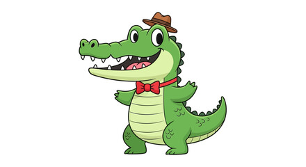 Naklejka premium Cartoon alligator with a hat and bow tie standing happily showcasing a playful style