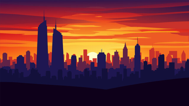 Vibrant sunset illuminating a modern city skyline with towering skyscrapers
